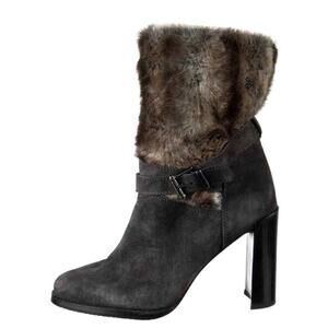 Stuart Weitzman Furstup Fur Boot Heel Suede Slate Grey Ankle Bootie Roun…